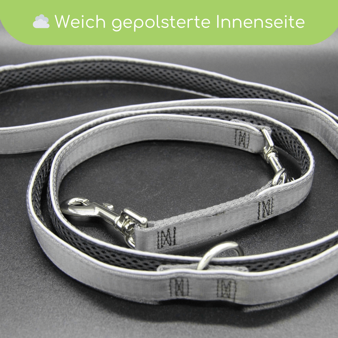 StyleSnout® Führleine Silver - Black – gepolstert, reflektierend & mehrfach verstellbar - Pfotenlieblinge