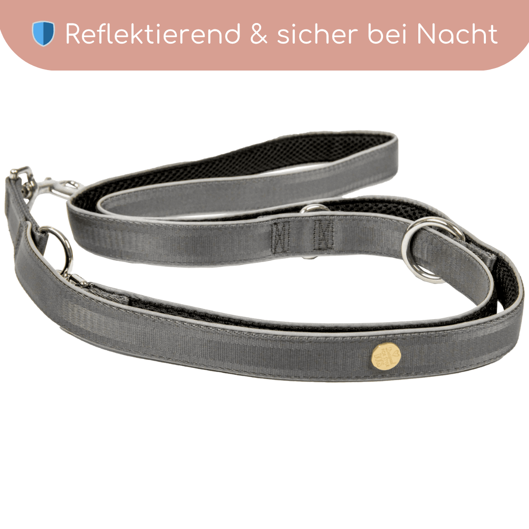 StyleSnout® Führleine Silver - Black – gepolstert, reflektierend & mehrfach verstellbar - Pfotenlieblinge