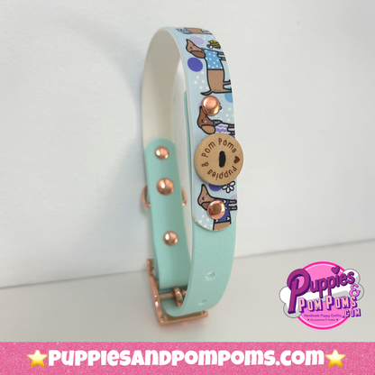 Bee Happy Dachshunds — Handgefertigtes Biothan-Hundehalsband — Babyblau