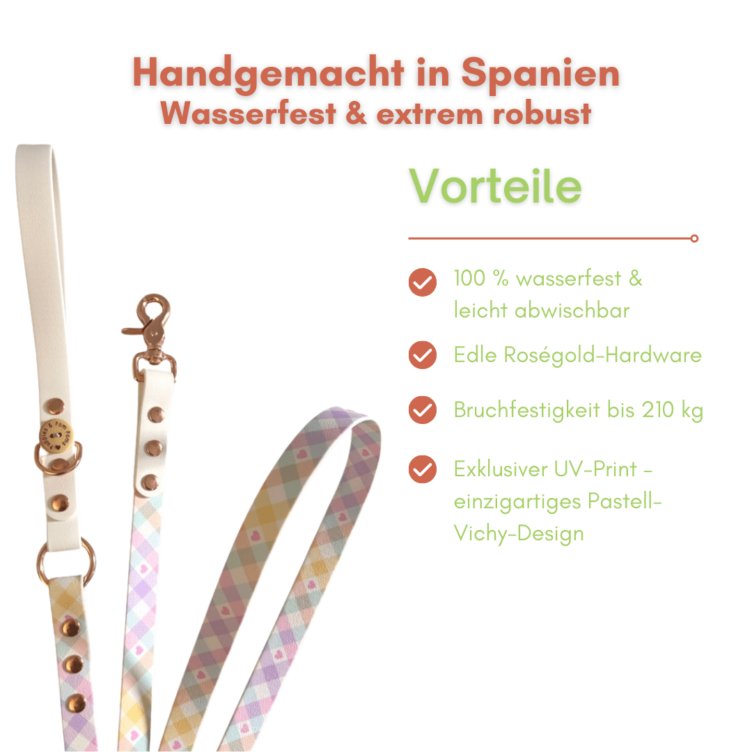 Handgefertigte Hundeleine - Veganes Leder - Pastell Vichy - Weiß - Pfotenlieblinge