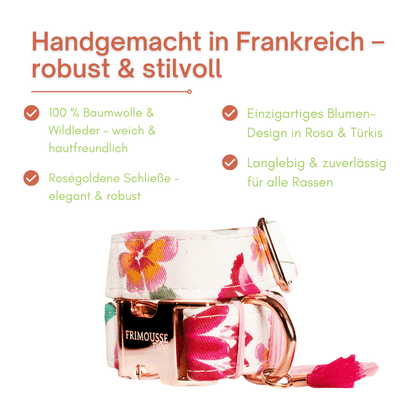 Handgemachtes Blumen - Halsband – Baumwolle &amp; Wildleder, Made in France - Pfotenlieblinge