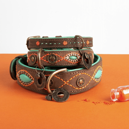 Joplin Lederhalsband Braun/Türkis – Handgefertigt &amp; Stilvoll - Pfotenlieblinge